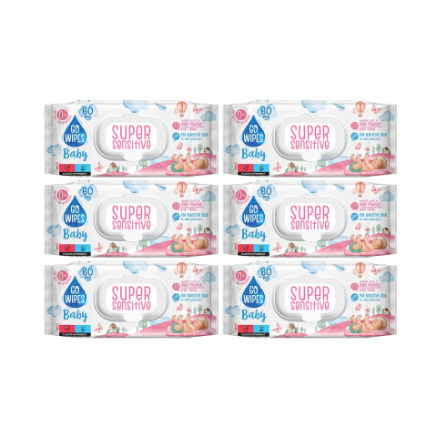 Jucarii, Copii & Bebe - Servetele umede bebelusi, 6 pachete x 60 buc, Super Sensitive, GoWipes