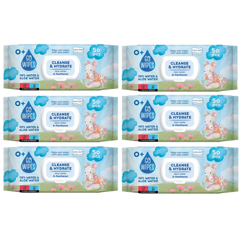 Jucarii, Copii & Bebe - Servetele umede bebelusi, apa aloe & D-Pantenol, capac, 6 pachete x 50 buc, GoWipes