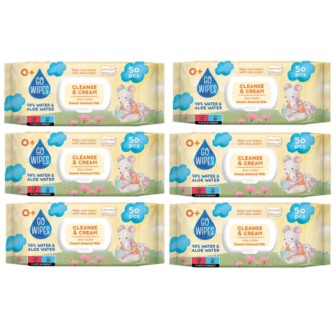 Jucarii, Copii & Bebe - Servetele umede bebelusi, apa aloe & lapte migdale, capac, 6 pachete x 50 buc, GoWipes