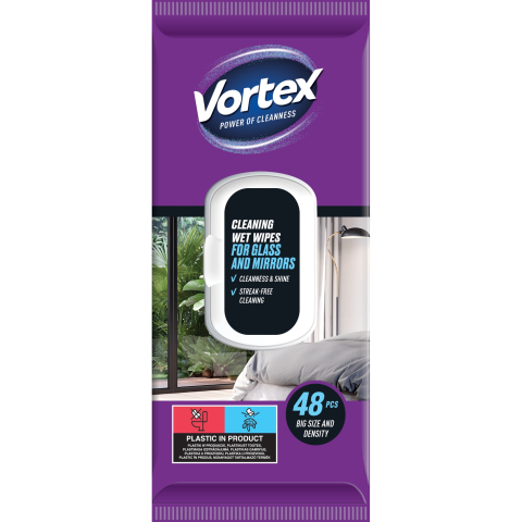 Servetele umede antibacteriene suprafete - Servetele umede de uz casnic, flip top, 48 buc, STICLA sI OGLINDA, VORTEX