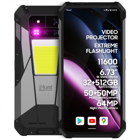 Telefoane Mobile - iHunt Tank 4 PRO cu Proiector Video, 5G, Dual SIM, 6.78" 120Hz AMOLED, Dimensity 7300, 12GB RAM, 512GB, NFC, Android 15