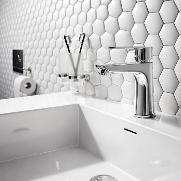 Baterie Lavoar Ferro Algeo Square BAQ2, Monocomandă, cu Ventil inclus, Crom [3]