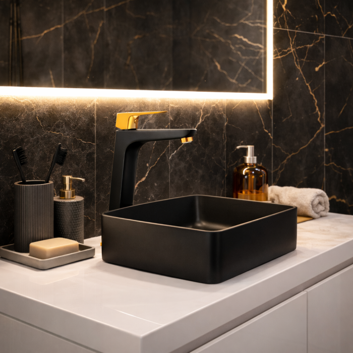 BATERIE LAVOAR ÎNALTĂ FERRO VITTO BVI2LVLBLG, BICOLOR NEGRU MAT ȘI AURIE, MONOCOMANDĂ [3]