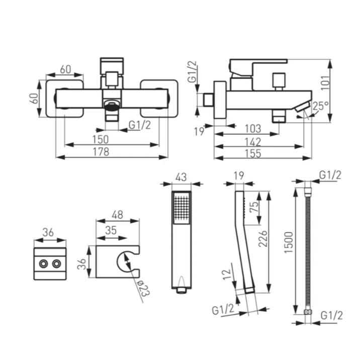 BATERIE PERETE CADĂ-DUȘ FERRO ZICCO BZI1, CU ACCESORII INCLUSE, CROM [2]