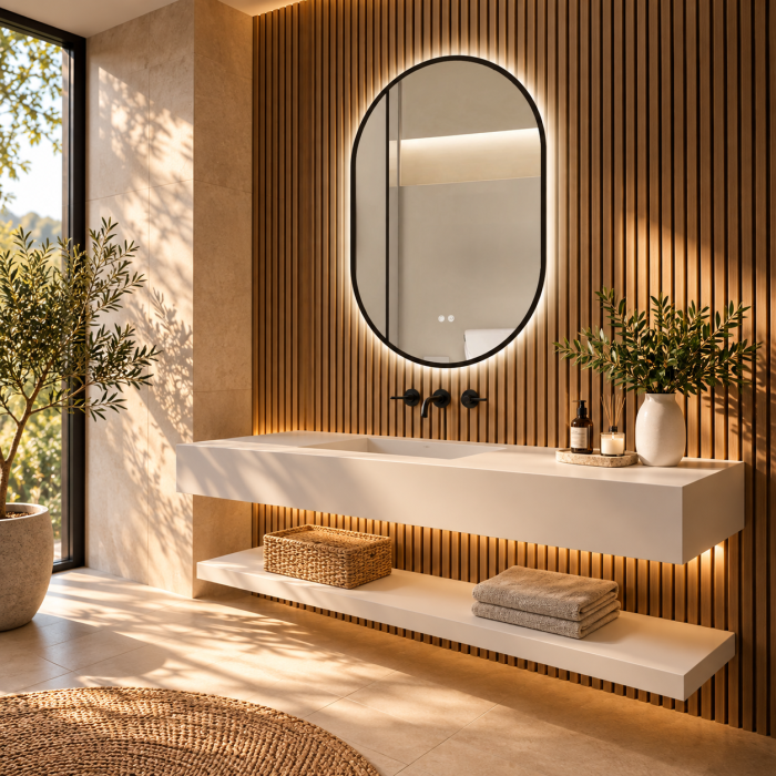 OGLINDĂ BAIE OVALĂ CU LED MODEL 08, RAMĂ NEAGRĂ, 40x60 / 55x100 CM, BUTON CU TOUCH, DEZABURIRE ȘI 3 CULORI DE LUMINĂ [2]