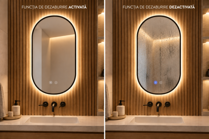 OGLINDĂ BAIE OVALĂ CU LED MODEL 08, RAMĂ NEAGRĂ, 40x60 / 55x100 CM, BUTON CU TOUCH, DEZABURIRE ȘI 3 CULORI DE LUMINĂ [3]