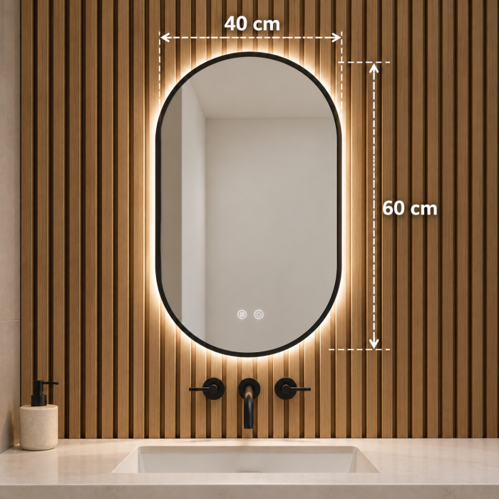 OGLINDĂ BAIE OVALĂ CU LED MODEL 08, RAMĂ NEAGRĂ, 40x60 / 55x100 CM, BUTON CU TOUCH, DEZABURIRE ȘI 3 CULORI DE LUMINĂ [4]
