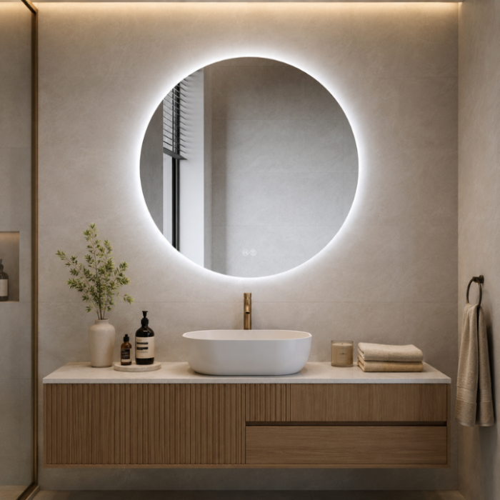 OGLINDĂ BAIE ROTUNDĂ 02 CU LED 60/80 CM, BUTON CU TOUCH, DEZABURIRE ȘI 3 CULORI DE LUMINĂ [2]