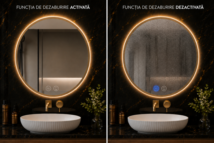 OGLINDĂ BAIE ROTUNDĂ CU LED 04, RAMĂ AURIE, 60/80 CM CU DEZABURIRE ȘI 3 CULORI DE LUMINĂ [6]