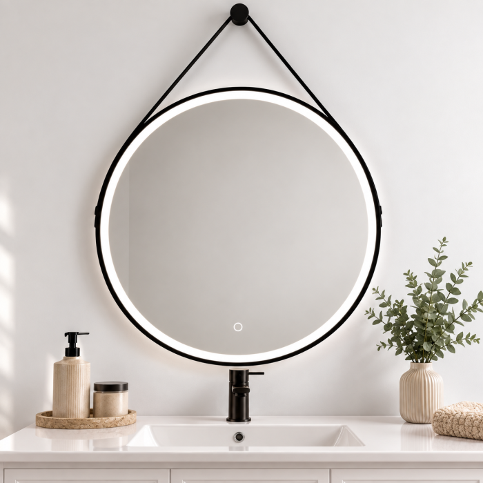 OGLINDĂ BAIE ROTUNDĂ CU LED 06, RAMĂ NEAGRĂ, 60/80 CM, CU DEZABURIRE ȘI 3 CULORI DE LUMINĂ [3]