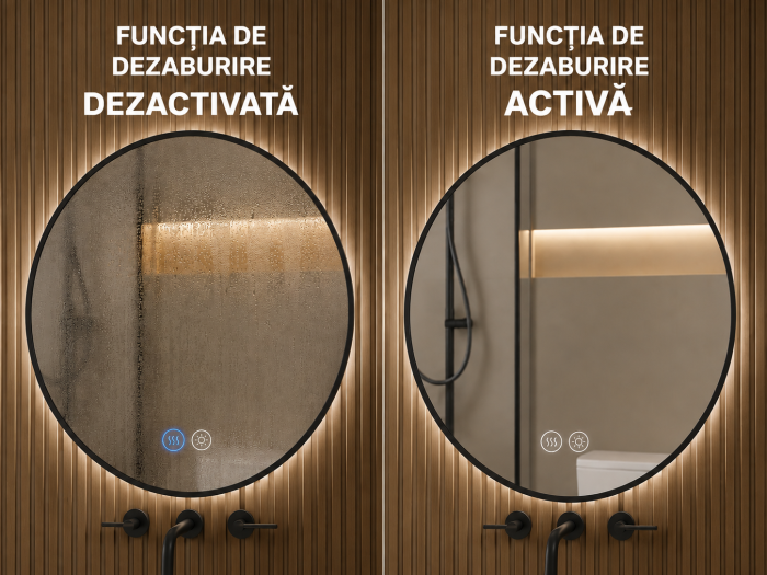 OGLINDĂ ROTUNDĂ CU LED 05, RAMĂ NEAGRĂ, 60/80 CM, CU DEZABURIRE ȘI 3 CULORI DE LUMINĂ [5]