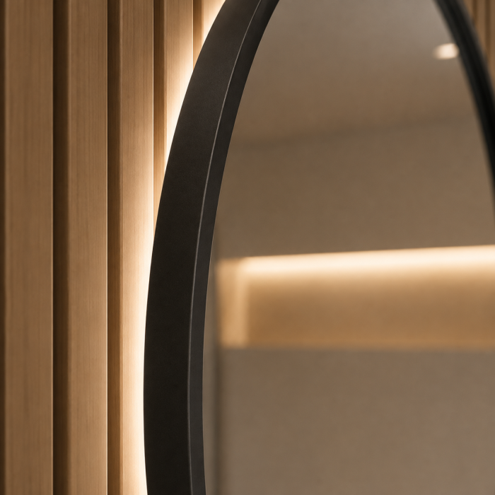 OGLINDĂ ROTUNDĂ CU LED 05, RAMĂ NEAGRĂ, 60/80 CM, CU DEZABURIRE ȘI 3 CULORI DE LUMINĂ [6]