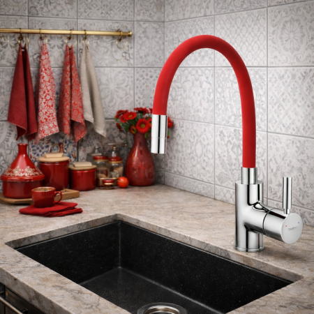 Produse - BATERIE BUCĂTĂRIE CU PIPĂ FLEXIBILĂ FERRO ZUMBA, ROȘU/CROM