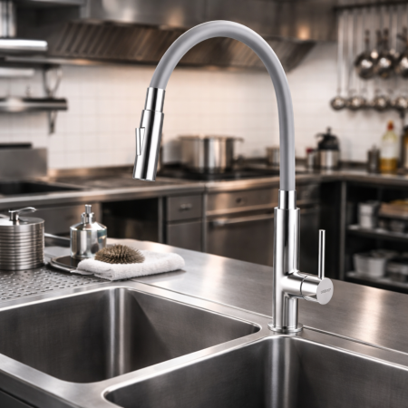 Baterii bucătărie - BATERIE BUCĂTĂRIE CU PIPĂ FLEXIBILĂ FERRO ZUMBA SLIM, GRI/CROM