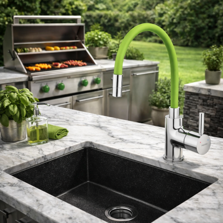 Baterii bucătărie - BATERIE BUCĂTĂRIE CU PIPĂ FLEXIBILĂ FERRO ZUMBA, VERDE/CROM