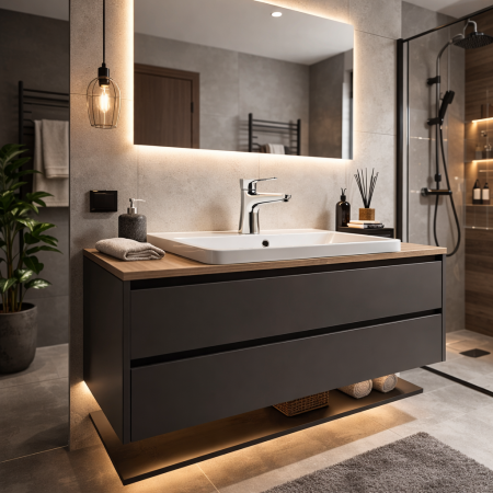 Baterie Lavoar Ferro Algeo Square BAQ2, Monocomandă, cu Ventil inclus, Crom [1]