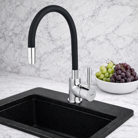 Baterii bucătărie - BATERIE STATIVĂ BUCĂTĂRIE FERRO ZUMBA BZA4B, PIPĂ FLEXIBILĂ, NEGRU/CROM