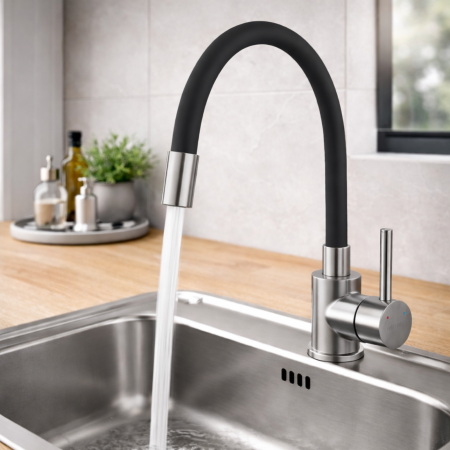 Baterii bucătărie - BATERIE STATIVĂ BUCĂTĂRIE FERRO ZUMBA BZA4BSS, PIPĂ FLEXIBILĂ, INOX/CROM