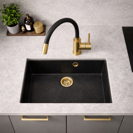 BATERIE STATIVĂ BUCĂTĂRIE FERRO ZUMBA BZA4G, PIPĂ FLEXIBILĂ, NEGRU/AURIU [2]