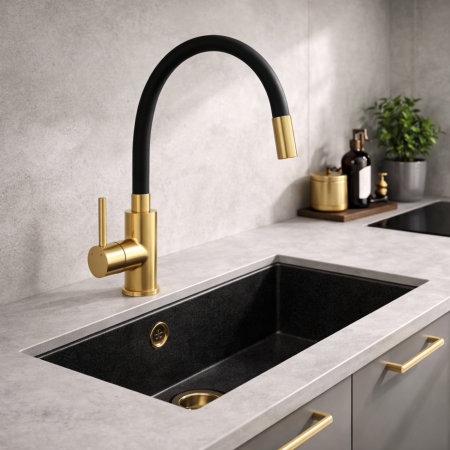 Baterii bucătărie - BATERIE STATIVĂ BUCĂTĂRIE FERRO ZUMBA BZA4G, PIPĂ FLEXIBILĂ, NEGRU/AURIU