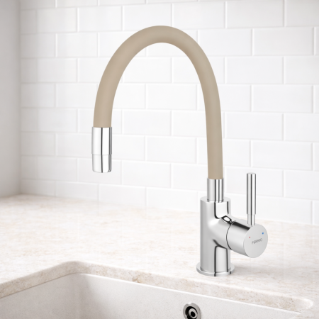 Baterii bucătărie - BATERIE STATIVĂ BUCĂTĂRIE FERRO ZUMBA BZA4P, PIPĂ FLEXIBILĂ, BEJ/CROM