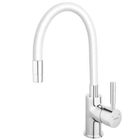 Baterii bucătărie - BATERIE STATIVĂ BUCĂTĂRIE FERRO ZUMBA BZA4W, PIPĂ FLEXIBILĂ, ALB/CROM