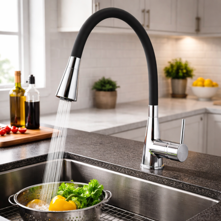 Baterii bucătărie - BATERIE STATIVĂ BUCĂTĂRIE FERRO ZUMBA II BZA42B, PIPĂ FLEXIBILĂ, NEGRU/CROM