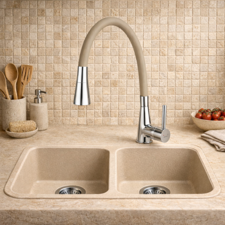 Baterii bucătărie - BATERIE STATIVĂ BUCĂTĂRIE FERRO ZUMBA II BZA42P, PIPĂ FLEXIBILĂ, BEJ/CROM