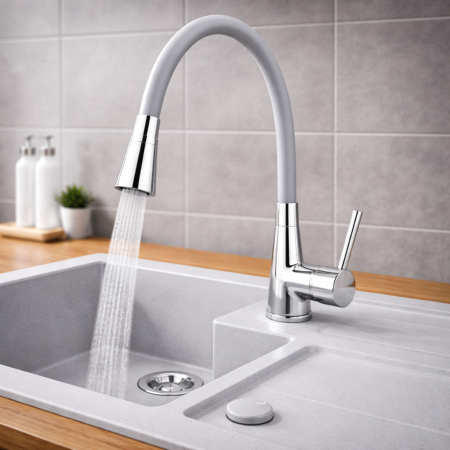 Baterii bucătărie - BATERIE STATIVĂ BUCĂTĂRIE FERRO ZUMBA II BZA42S, PIPĂ FLEXIBILĂ, GRI/CROM