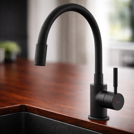 Baterii bucătărie - BATERIE STATIVĂ BUCĂTĂRIE FERRO ZUMBA NERO BZA4BLB, PIPĂ FLEXIBILĂ, COMPLET NEGRU MAT