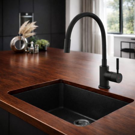 BATERIE STATIVĂ BUCĂTĂRIE FERRO ZUMBA NERO BZA4BLB, PIPĂ FLEXIBILĂ, COMPLET NEGRU MAT [1]