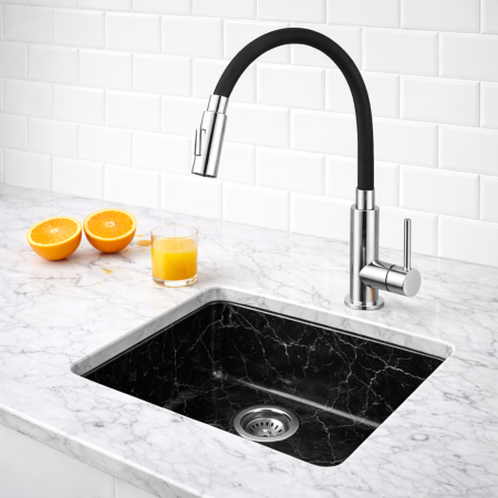 Baterii bucătărie - BATERIE STATIVĂ BUCĂTĂRIE FERRO ZUMBA SLIM 2F BZA43B, PIPĂ FLEXIBILĂ, NEGRU/CROM