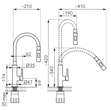 BATERIE STATIVĂ BUCĂTĂRIE FERRO ZUMBA SLIM 2F BZA43B, PIPĂ FLEXIBILĂ, NEGRU/CROM [2]