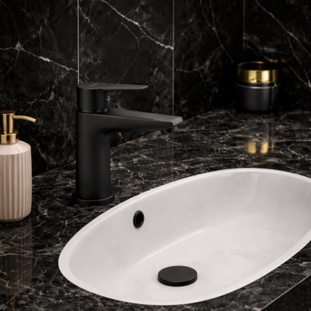 BATERIE STATIVĂ LAVOAR FERRO RITTO BLACK BTR2BL, MONOCOMANDĂ, CU VENTIL INCLUS, NEGRU MAT [1]