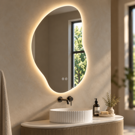 Produse - OGLINDĂ BAIE ASIMETRICĂ CU LED MODEL 09, 50x77 / 60x93 / 70x108 CM, DEZABURIRE ȘI 3 CULORI DE LUMINĂ