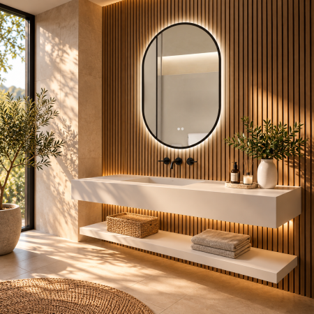 OGLINDĂ BAIE OVALĂ CU LED MODEL 08, RAMĂ NEAGRĂ, 40x60 / 55x100 CM, BUTON CU TOUCH, DEZABURIRE ȘI 3 CULORI DE LUMINĂ [1]