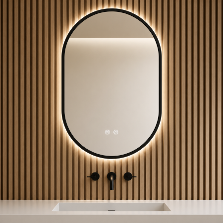 Oglindă baie cu LED - OGLINDĂ BAIE OVALĂ CU LED MODEL 08, RAMĂ NEAGRĂ, 40x60 / 55x100 CM, BUTON CU TOUCH, DEZABURIRE ȘI 3 CULORI DE LUMINĂ