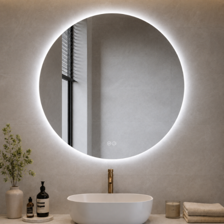 Oglindă baie cu LED - OGLINDĂ BAIE ROTUNDĂ 02 CU LED 60/80 CM, BUTON CU TOUCH, DEZABURIRE ȘI 3 CULORI DE LUMINĂ