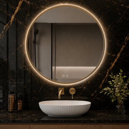 Oglindă baie cu LED - OGLINDĂ BAIE ROTUNDĂ CU LED 04, RAMĂ AURIE, 60/80 CM CU DEZABURIRE ȘI 3 CULORI DE LUMINĂ