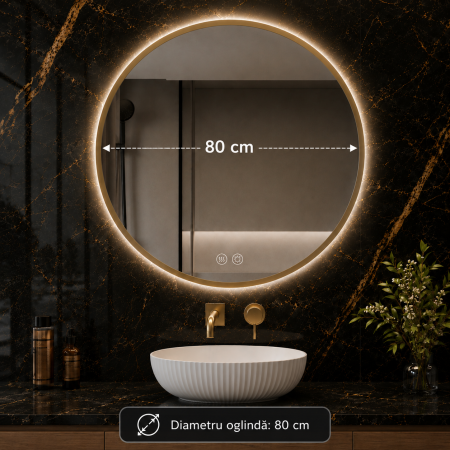 OGLINDĂ BAIE ROTUNDĂ CU LED 04, RAMĂ AURIE, 60/80 CM CU DEZABURIRE ȘI 3 CULORI DE LUMINĂ [6]