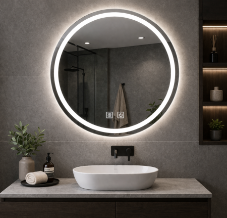 Oglindă baie cu LED - OGLINDĂ ROTUNDĂ BAIE CU LED, BUTON TOUCH, DEZABURIRE ȘI 3 CULORI DE LUMINĂ