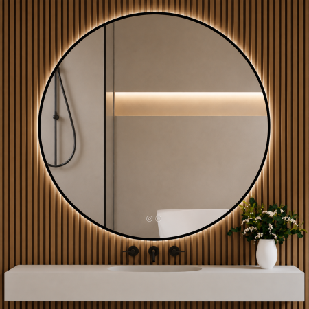 Obiecte sanitare - OGLINDĂ ROTUNDĂ CU LED 05, RAMĂ NEAGRĂ, 60/80 CM, CU DEZABURIRE ȘI 3 CULORI DE LUMINĂ