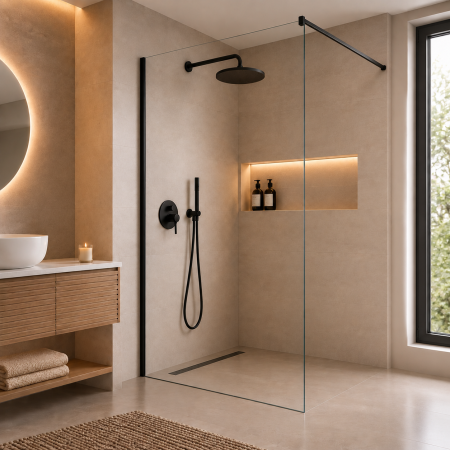 Paravan duș tip WALK-IN - PARAVAN DUȘ WALK-IN 120x200 CM, STICLĂ SECURIZATĂ 8 MM TRANSPARENTĂ, NEGRU MAT