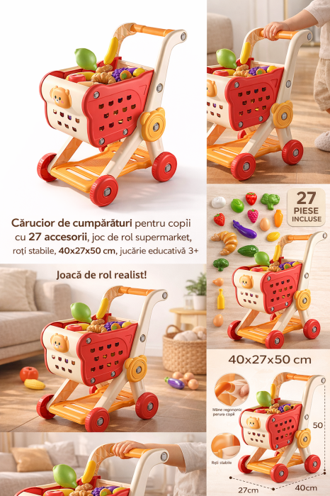Carucior de cumparaturi pentru copii, cu 27 accesorii, joc de rol supermarket, roți stabile, 40x27x50 cm, jucarie educativa 3+ ani [5]
