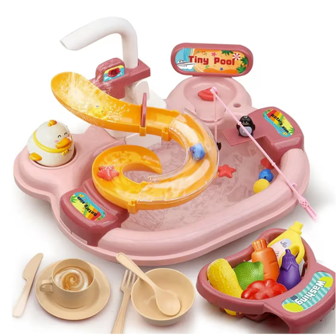 Chiuveta Interactiva pentru Copii 3-in-1, Apa Circulanta, Tobogan, Pescuit – Distractie cu Pestisori, Ratuste si Ustensile, Roz [3]