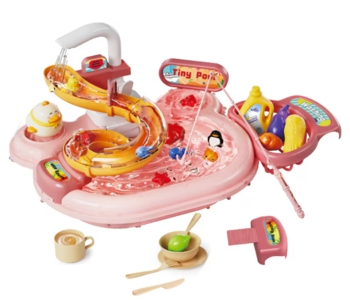 Chiuveta Interactiva pentru Copii 3-in-1, Apa Circulanta, Tobogan, Pescuit – Distractie cu Pestisori, Ratuste si Ustensile, Roz [2]