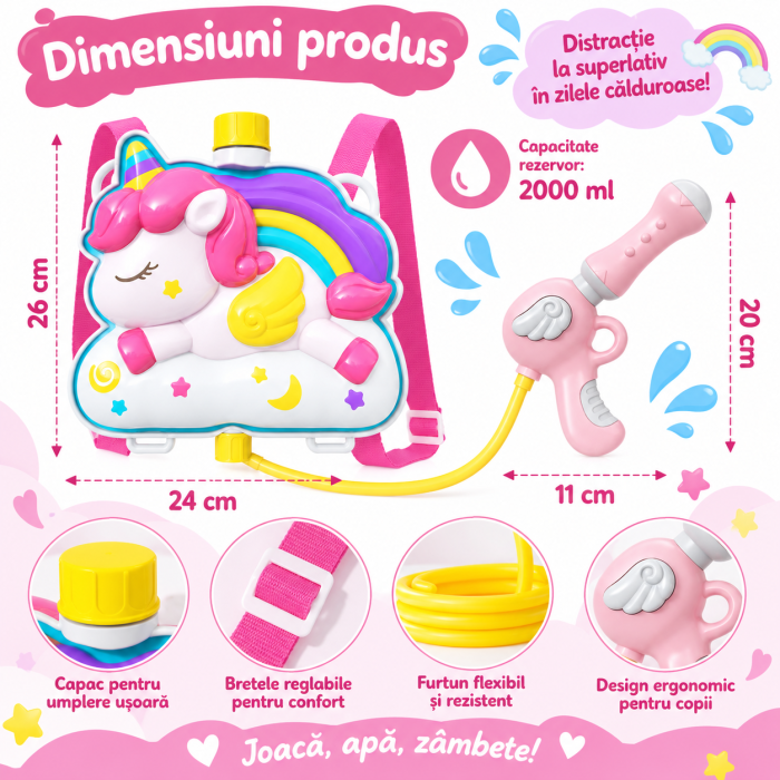 Ghiozdan cu apa și pistol, pentru copii, rezervor 2L, Model Unicorn [2]