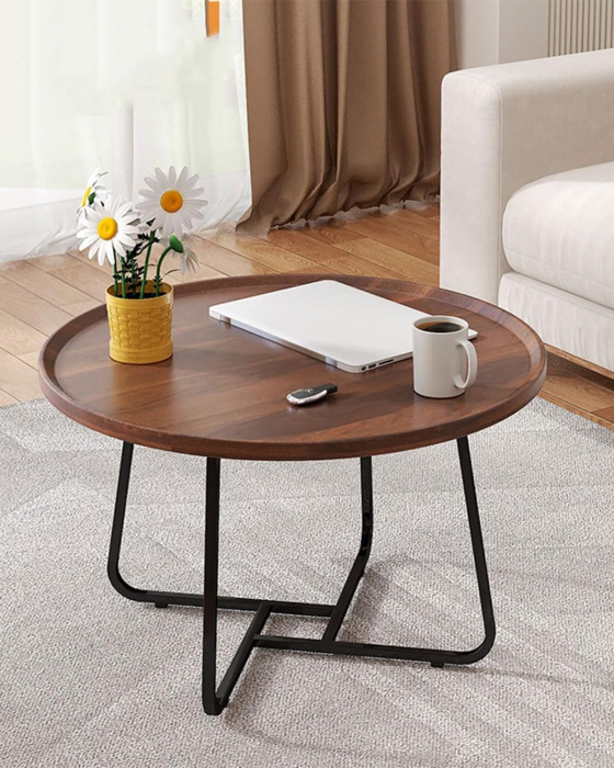 Masuta cafea rotunda pentru living 70 cm, masa laterala moderna cu blat culoare nuc si picioare metalice [3]