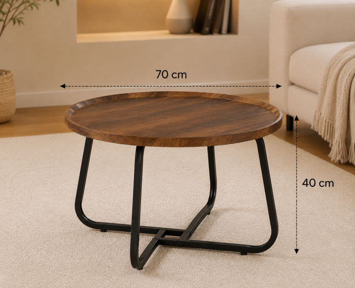 Masuta cafea rotunda pentru living 70 cm, masa laterala moderna cu blat culoare nuc si picioare metalice [2]