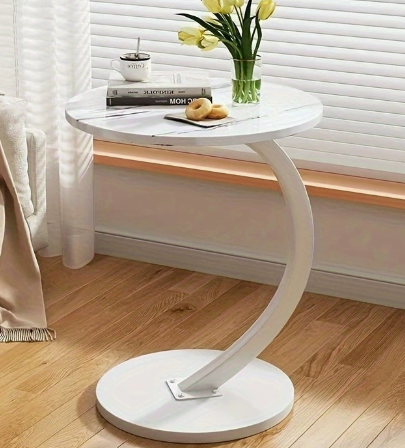 Masuta de cafea rotunda, design modern tip C, blat alb si cadru metalic alb, pentru living sau dormitor [4]